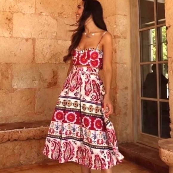New CAROLINE CONSTAS Printed Linen Blend Bralette Crop Top and Midi Skirt Set - Picture 2 of 11